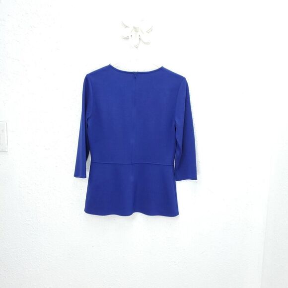 ST. JOHN Indigo Peplum 3/4 Sleeve Wool Rayon  Blend Santana Knit Career Top - Picture 9 of 11